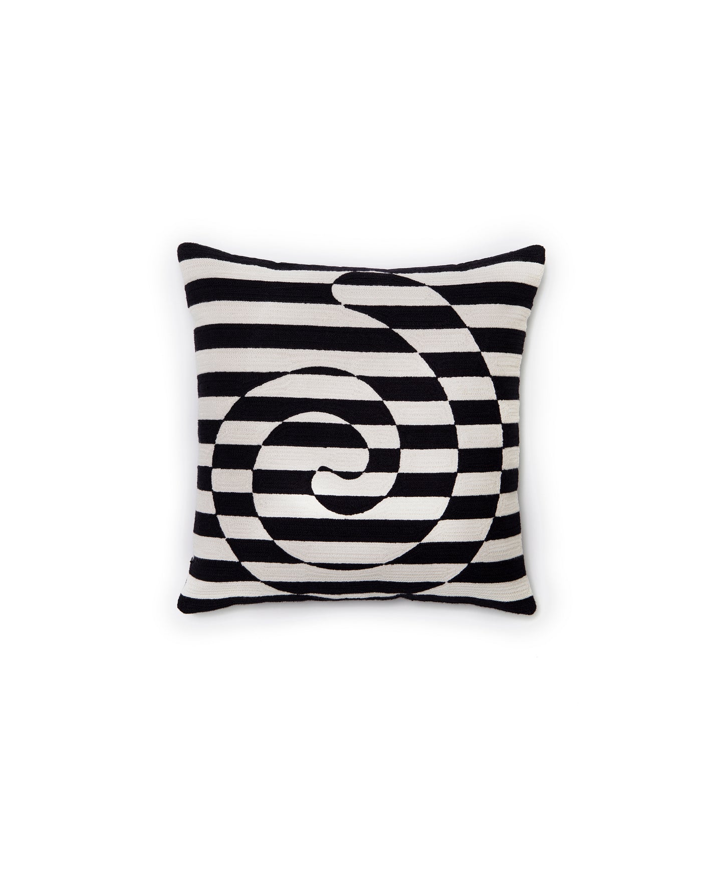 Image of Dazzle Pillow Cover with a black and white striped swirl design. There is one swirl in the center of the design. This pillow cover is 100% cotton and measures 18 inches square.