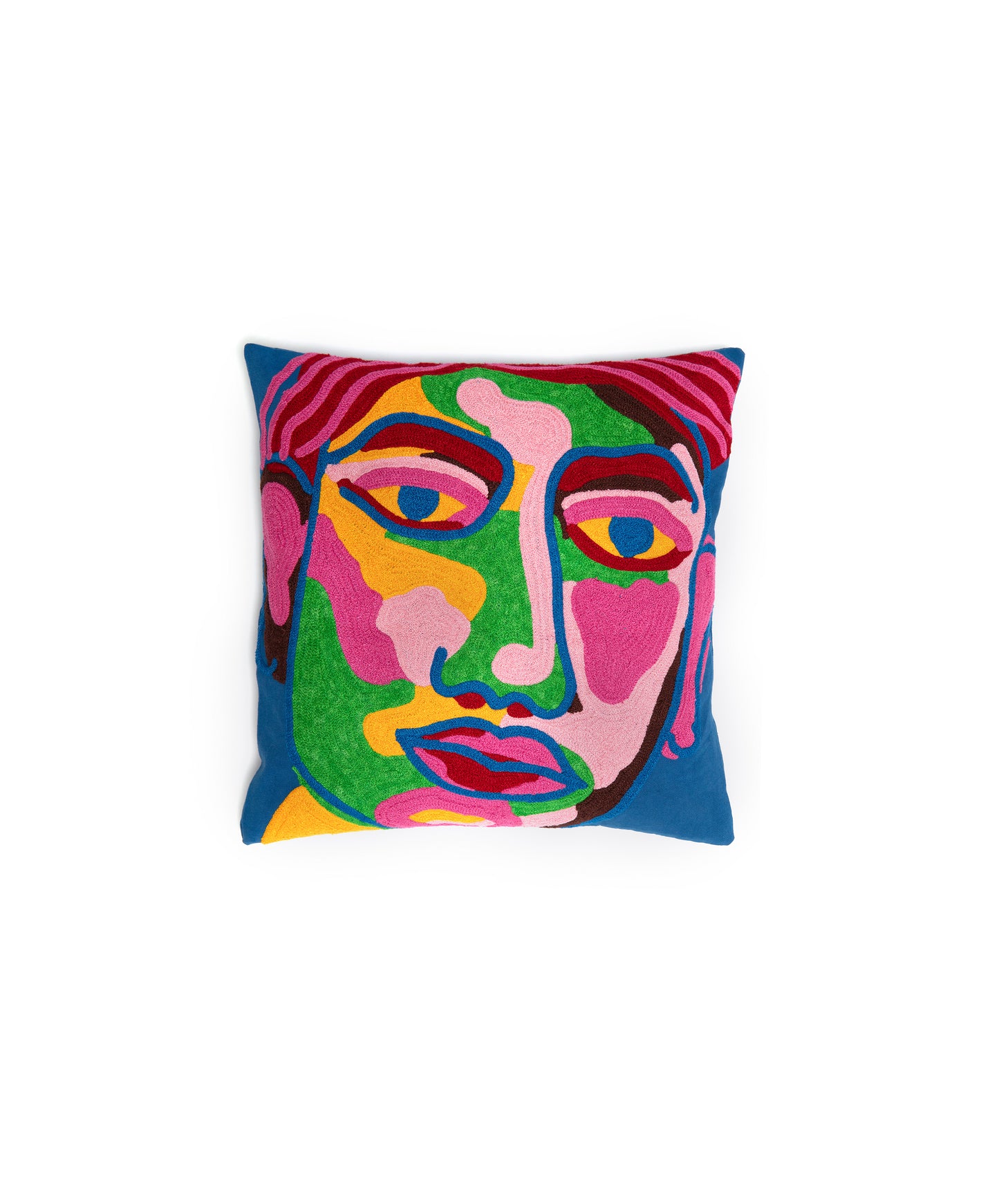 Image of the Portrait Pillow Cover with an abstract portrait made of blue, green, pink, red, and yellow. This pillow cover is 100% cotton and measures 18 inches square.