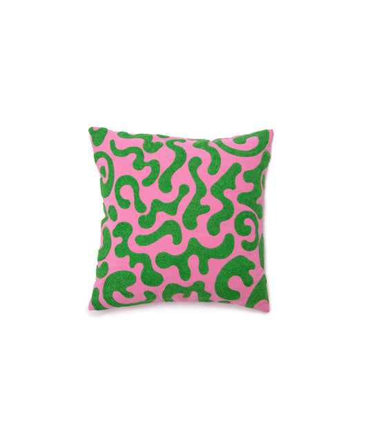 Image of the Silly Squiggles Pillow Cover with green abstract squiggle shapes on a pink background. This pillow cover is 100% cotton and measures 18 inches square.