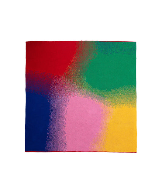 Image of Aura Blanket with blobs of 5 different colors- Red, green, yellow, blue and pink. Knit blanket that is 60" by 60"